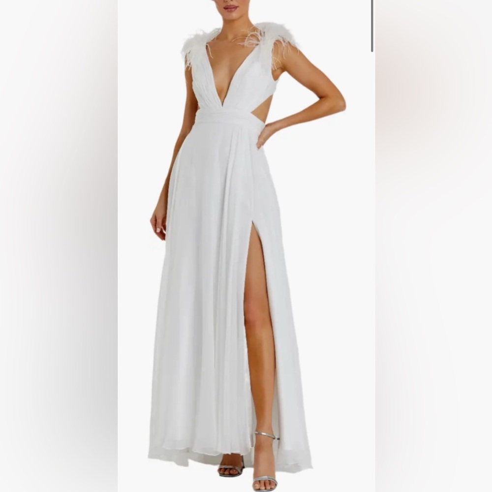 Mac Duggal Feather-Trim Plunge A-Line Gown size 6